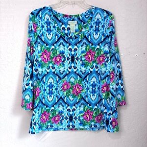 Caribbean Joe Tropical Top Women’s XL Blue Pink 3/4 Sleeves Cruise Resort Casual